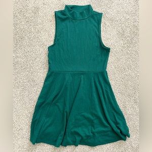 Sleeveless mock neck green skater mini dress, size M